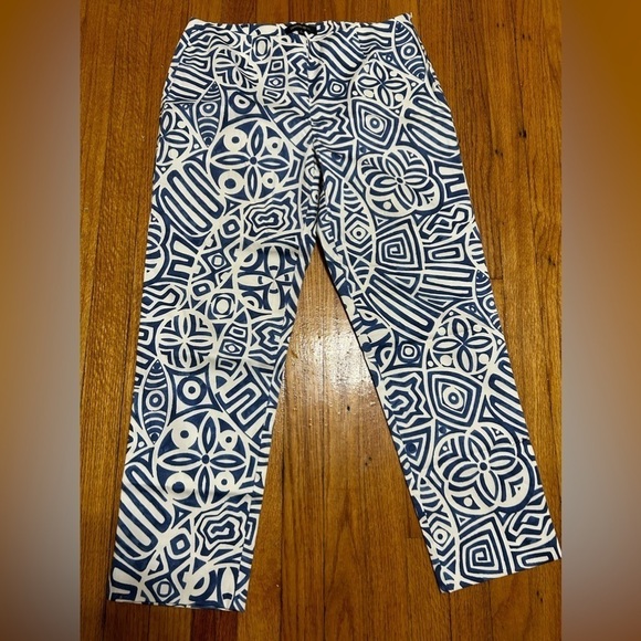 Lafayette 148 Size 4 Blue White Print Lined Pants Straight Leg Ankle Side Zipper - Picture 1 of 9